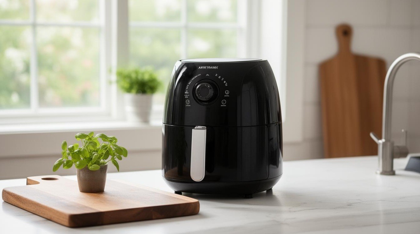 Compact air fryer on a bright kitchen counter beside a cutting board