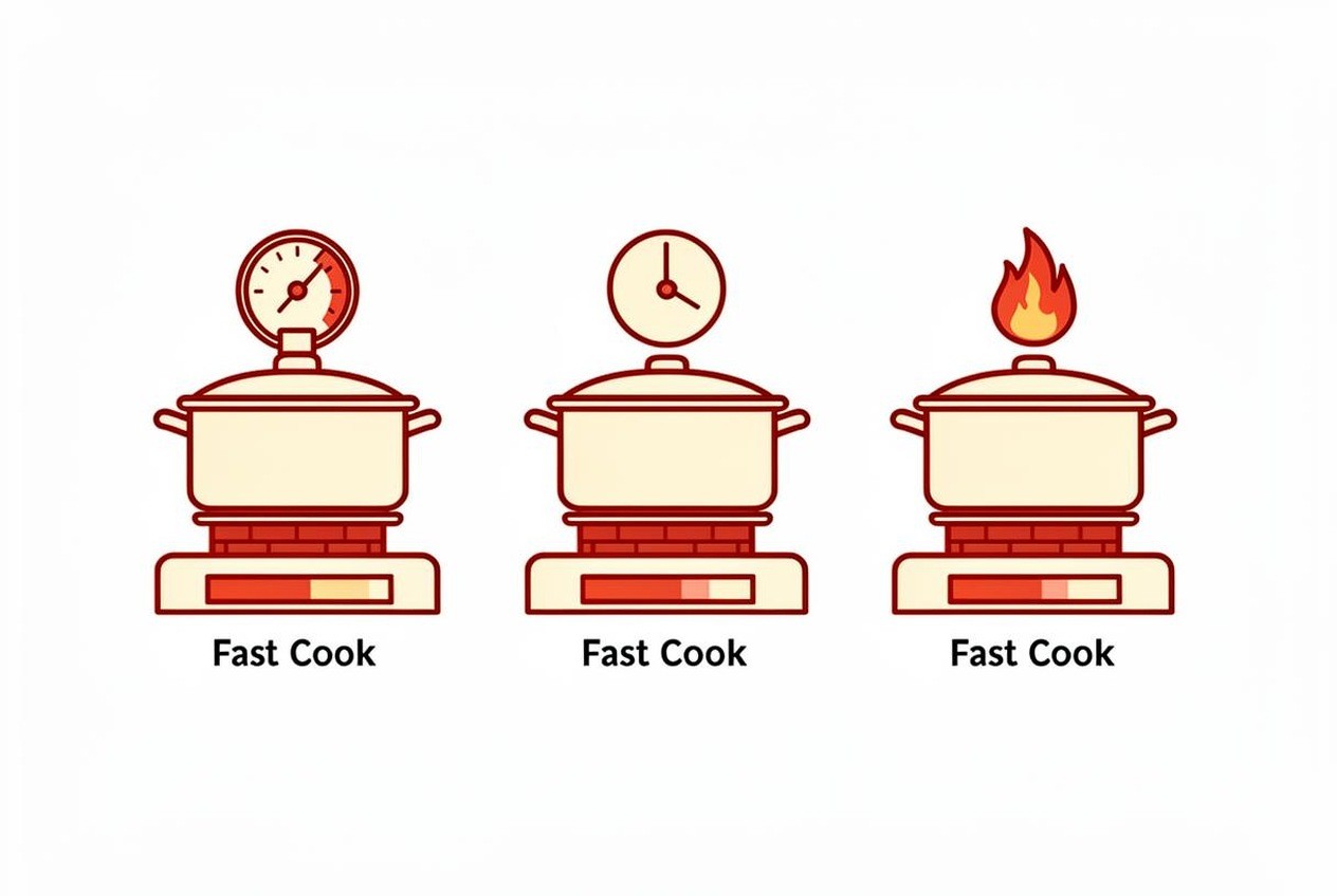 Three cooker types with pressure, time and heat marks