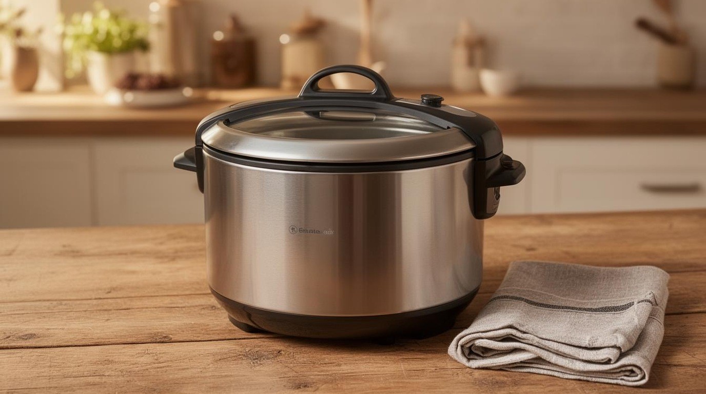Round multi-cooker with a closed lid on a wooden kitchen table