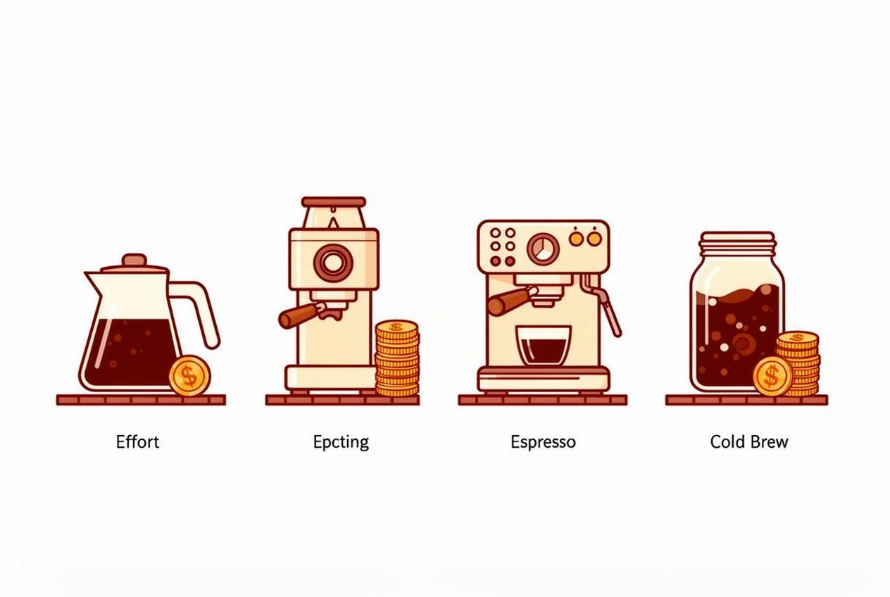 Four coffee machine icons with effort and cost bars