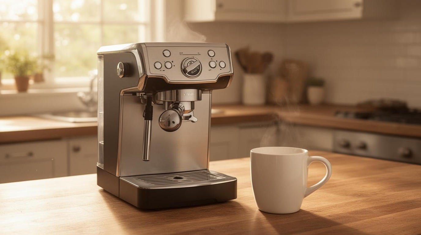 Coffee machine and ceramic mug on a morning kitchen counter