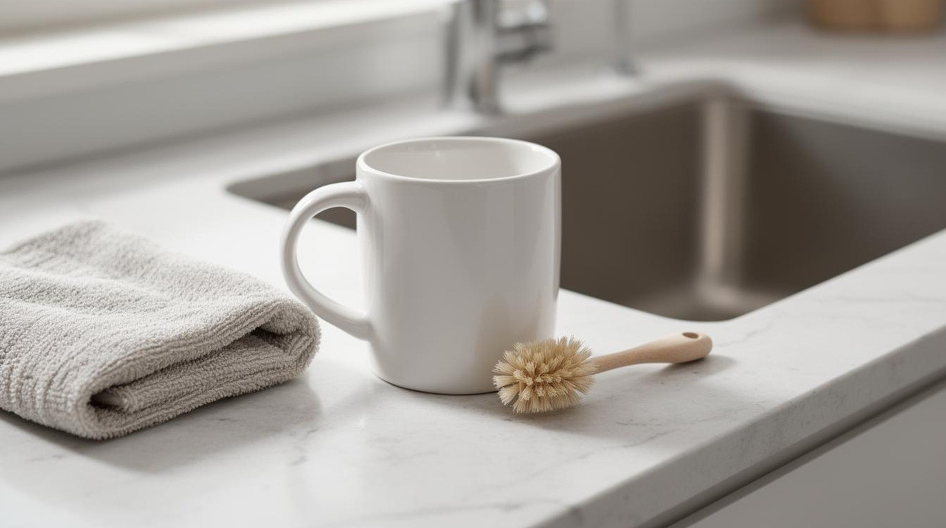 Clean mugs and a small brush beside a sink with a folded towel