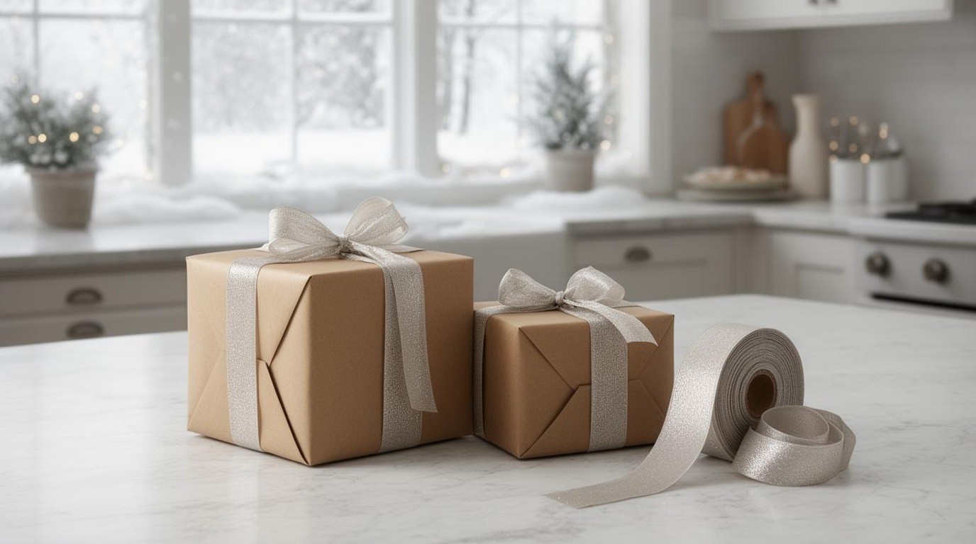 Gift wrapped appliance boxes near a kitchen counter in winter light